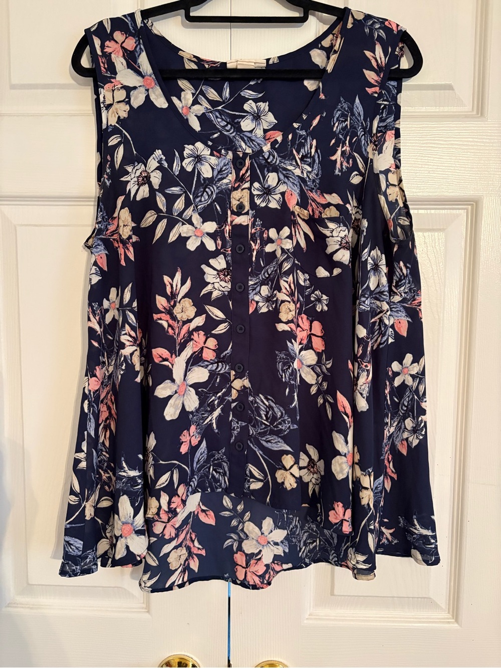 Style & Co. Navy Floral Cold-Shoulder Button-Front Blouse